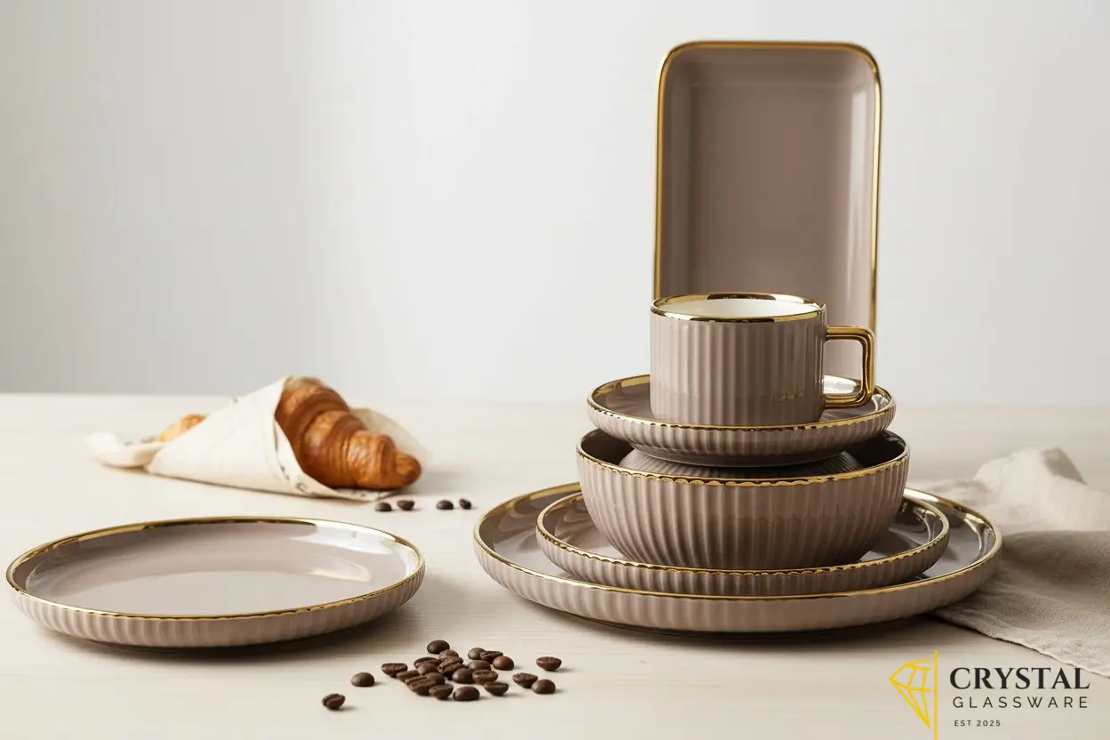 Multicolour 32-piece ceramic dinner set featuring a ribbed texture and gold trim — Crystal Glassware Pakistan